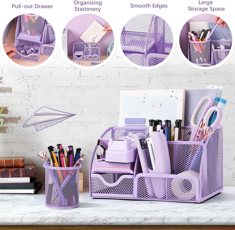 Fayoo 15 Pcs Purple Office Supplies Set Mesh Desk Organizer Accessories Kit Include Stapler Tape Dispenser Staple Remover Clips Ruler Scissors Sticky Notes for Office School Home Women (Purple) - Image 5